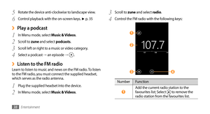 Page 38Entertainment38
Scroll to 3 zune and select radio.
Control the FM radio with the following keys:
4 
 1 
 4  3 
 2 
Number Function
 1 Add the current radio station to the 
favourites list; Select  to remove the 
radio station from the favourites list.
Rotate the device anti-clockwise to landscape view.
5 
Control playback with the on-screen keys. 6 ► p. 3
5
Play a podcast ›
In Menu mode, select 1 Music & Videos.
Scroll to 
2 zune and select podcasts.
Scroll left or right to a music or video category.
3...