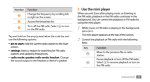 Page 39Entertainment39
Use the mini player ›When you exit Zune after playing music or listening to 
the FM radio, playback or the FM radio continues in the 
background. You can control the playback or FM radio by 
using the mini player.While music or FM radio is playing in the background, 
1 press [+ /-].
The mini player appears at the top of the screen.
Control the playback or FM radio with the following 
2 keys: 
Key Function
Move to the previous file or radio 
station.
Pause playback or turn off the FM...