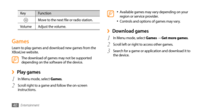 Page 40Entertainment40
Available games may vary depending on your •	region or service provider.
Controls and options of games may vary.•	
Download games ›
In Menu mode, select 1 Games → Get more games.
Scroll left or right to access other games.
2 
Search for a game or application and download it to 3 the device.
Key Function
Move to the next file or radio station.
Volume Adjust the volume.
Games
Learn to play games and download new games from the 
XBoxLive website.
The download of games may not be supported...