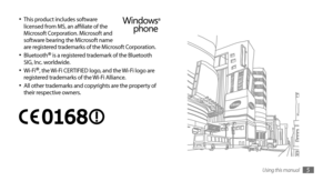 Page 5Using this manual5
This product includes software •	licensed from MS, an affiliate of the 
Microsoft Corporation. Microsoft and 
software bearing the Microsoft name 
are registered trademarks of the Microsoft Corporation.
Bluetooth
•	® is a registered trademark of the Bluetooth 
SIG, Inc. worldwide.
Wi-Fi
•	®, the Wi-Fi CERTIFIED logo, and the Wi-Fi logo are 
registered trademarks of the Wi-Fi Alliance.
All other trademarks and copyrights are the property of 
•	their respective owners. 