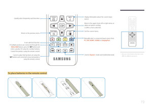 Page 1919
TOOLSINFO
SETUNSETLOCK
PC
A
DVI
B
HDMI
C
DP
D
EXITRETURN
IR control
Display information about the current input 
source.
Move to the upper, lower, left or right menu, or 
adjust an option's setting.
Confirm a menu selection.
Exit the current menu.
Manually select a connected input source from 
PC, DVI , HDMI1, HDMI2 or DisplayPort.
Used in Anynet+ mode and multimedia mode.
Quickly select frequently used functions.
Return to the previous menu.It sets safe lock function.
If multiple products are...