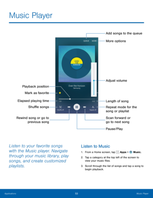 Page 5953Music Player
Rewind song or go to previous song Scan forward or 
go to next song
Pause/Play Adjust volume More options
Length of song
Repeat mode for the 
song or playlist
Shuffle songs
Elapsed playing time Mark as favorite
Playback position
Add songs to the queue
Listen to your favorite songs 
with the Music player. Navigate 
through your music library, play 
songs, and create customized 
playlists. Listen to Music
1.
 From a Home screen, tap  Apps >  Music.
2.  Tap a category at the top left of the...