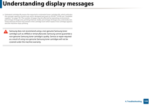 Page 109Understanding display messages
1094. Troubleshooting
 
Samsung does not recommend using a non-genuine Samsung toner 
cartridge such as refilled or remanufactured. Samsung cannot guarantee a 
non-genuine Samsung toner cartridge's qu ality. Service or repair required 
as a result of using non-genuine Samsung toner cartridges will not be 
covered under the machine warranty.
 
a. Estimated cartridge life means  the expected or estimated toner cartridge life, which indicates 
the average capacity of...