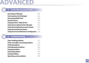 Page 140140
ADVANCED
5. Useful Management Tools
Easy Capture Manager 260
Samsung Easy Color Manager  261
Samsung AnyWeb Print  262
Easy Eco Driver  263
Using SyncThru™ Web Service  264
Using Samsung Easy Printer Manager  267
Using Samsung Easy Document Creator  270
Using Samsung Printer Status  271
Using the Linux Unified Driver Configurator  273
6. Troubleshooting
Paper feeding problems 277
Power and cable connecting problems  278
Printing problems  279
Printing quality problems  283
Copying problems  291...