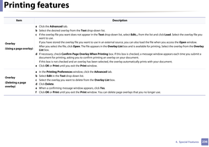 Page 236Printing features
2364.  Special Features
 
Overlay
(Using a page overlay)a 
Click the  Advanced tab. 
b  Select the desired overlay from the  Text drop-down list. 
c  If the overlay file you want does not appear in the  Text drop-down list, select  Edit... from the list and click  Load. Select the overlay file you 
want to use. 
If you have stored the overlay file you want to use in an ex ternal source, you can also load the file when you access the  Open window. 
After you select the file, click  Open....