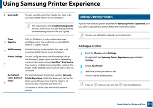 Page 311Using Samsung Printer Experience
311 Quick Guide for Windows 8 User
10 
Adding/Deleting Printers
If you do not have any printer added to the Samsung Printer Experience , or if 
you want to add/delete a printer,  follow the instructions below. 
 
You can only add/delete network connected printers.
 
Adding a printer
1From the Charms, select Settings .
Or, right-click the Samsung Printer Experience  page and select 
Settings .
2 Select  Add Printer
3 Select the printer you want to add.
You can see the...