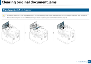 Page 97Clearing original document jams
974. Troubleshooting
1 
Original paper jam in front of scanner
 
• Illustrations on this user’s guide may differ from your machine depending on its opti ons or models. Check your machine type (see "Front view" on page 20).
• This troubleshooting may not be available depending on mo del or optional goods (see "Variety feature" on page 10).
  