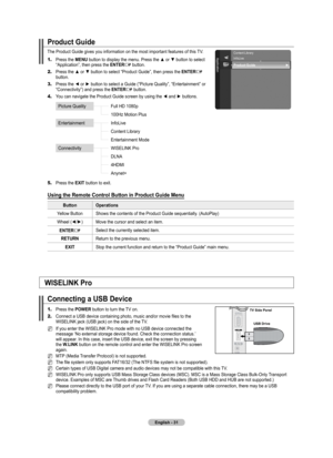 Page 33
English - 
Product Guide
The Product Guide gives you information on the most important features of this TV.
1.	Press the MENU button to display the menu. Press the ▲ or ▼ button to select “Application”, then press the ENTERE button.
2.	Press the ▲ or ▼ button to select “Product Guide”, then press the ENTERE button.
3.	Press the ◄ or ► button to select a Guide (“Picture Quality”, “Entertainment” or “Connectivity”) and press the ENTERE button.
4.	You can navigate the Product Guide screen by...