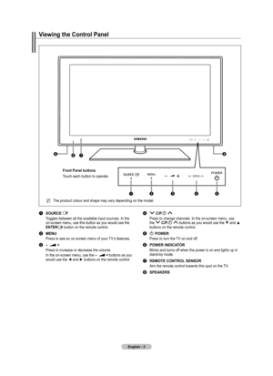 Page 5English - 
1 SOURCE E
Toggles between all the available input sources. In the 
on-screen menu, use this button as you would use the 
ENTER
E button on the remote control.
2 MENU
Press to see an on-screen menu of your TV’s features.
3 – = + 
Press to increase or decrease the volume.
In the on-screen menu, use the  – = + buttons as you 
would use the ◄ and ► buttons on the remote control.
4 > C/P.P <
Press to change channels. In the on-screen menu, use 
the > C/P.P < buttons as you would use the ▼ and...