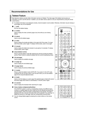 Page 61
English - 

Recommendations for Use
Teletext Feature
Most television stations provide written information services via Teletext. The index page of the teletext service gives you information on how to use the service. In addition, you can select various options to suit your requirements by using the remote control buttons.
For teletext information to be displayed correctly, channel reception must be stable. Otherwise, information may be missing or some pages may not be displayed. 
1 : (exit)...