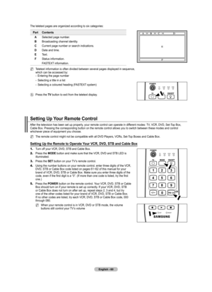 Page 62
English - 0

The teletext pages are organized according to six categories:
PartContents
ASelected page number.
BBroadcasting channel identity.
CCurrent page number or search indications.
DDate and time.
EText.
FStatus information.
FASTEXT information.
Teletext information is often divided between several pages displayed in sequence, which can be accessed by:Entering the page number
Selecting a title in a list
Selecting a coloured heading (FASTEXT system)
Press the TV button to exit from the...