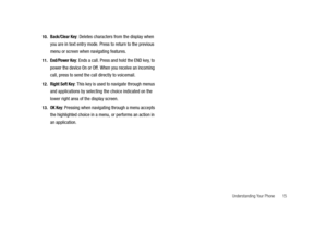 Page 20Understanding Your Phone       15 10.
Back/Clear Key: Deletes characters from the display when 
you are in text entry mode. Press to return to the previous 
menu or screen when navigating features. 
11.End/Power Key: Ends a call. Press and hold the END key, to 
power the device On or Off. When you receive an incoming 
call, press to send the call directly to voicemail.
12.Right Soft Key: This key is used to navigate through menus 
and applications by selecting the choice indicated on the 
lower right...