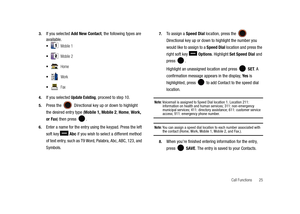 Page 30Call Functions       25 3.
If you selected Add New Contact, the following types are 
available.
 Mobile 1
 Mobile 2
 Home
 Work
 Fax
4.If you selected Update Existing, proceed to step 10. 
5.Press the  Directional key up or down to highlight 
the desired entry type (Mobile 1, Mobile 2, Home, Work, 
or Fax) then press  .
6.Enter a name for the entry using the keypad. Press the left 
soft key   Abc if you wish to select a different method 
of text entry, such as T9 Word, Palabra, Abc, ABC, 123, and...