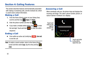 Page 3632
Section 4: Calling Features
This section describes features and functionality associated 
with making or answering calls, and the Contacts list, which 
is used to store contact information.
Making a Call
1.From the Home (Clock) screen on your Galaxy Gear, 
scroll to and then tap   (
Apps) ➔ Dialer.
2.Enter the phone number and then tap 
.
  If you make a mistake while dialing, tap   to clear 
the last digit. Touch and hold   to clear the entire 
sequence.
Ending a Call
  From within an active call,...