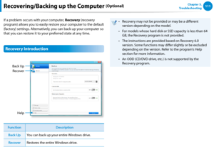 Page 112111Chapter 5.   
TroubleshootingRecovering/Backing up the Computer (Optional)
If a problem occurs with your computer, Recovery (recovery 
program) allows you to easily restore your computer to the default 
(factory) settings. Alternatively, you can back up your computer so 
that you can restore it to your preferred state at any time.
Recovery Introduction
Help
Recover
Back Up
FunctionDescription
Back UpYou can back up your entire Windows drive.
RecoverRestores the entire Windows drive. 
Recovery may not...