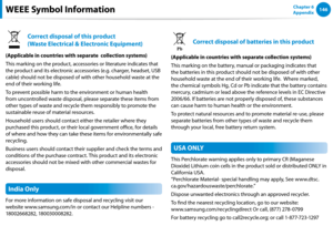 Page 147146Chapter 6 
AppendixWEEE Symbol Information
Correct disposal of this product 
(Waste Electrical & Electronic Equipment)
(Applicable in countries with separate  collection systems)
This marking on the product, accessories or literature indicates that 
the product and its electronic accessories (e.g. charger, headset, USB 
cable) should not be disposed of with other household waste at the 
end of their working life. 
To prevent possible harm to the environment or human health 
from uncontrolled waste...