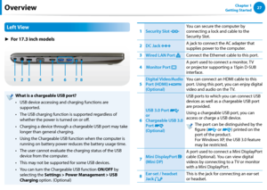 Page 282627Chapter 1 
Getting StartedOverview
Left View
► For 17.3 inch models
4 5
1 23 678
What is a chargeable USB port?
USB device accessing and charging functions are • 
supported.
The USB charging function is supported regardless of • 
whether the power is turned on or off.
Charging a device through a chargeable USB port may take • 
longer than general charging.
Using the Chargeable USB function when the computer is • 
running on battery power reduces the battery usage time.
The user cannot evaluate the...