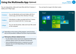 Page 8180Chapter 3.  
Using the computerUsing the Multimedia App (Optional)
You can enjoy photo, video and music files with the S Camera, S 
Gallery and S Player apps.
S CameraYou can take photos and record videos with the S 
Camera app, and view them directly in this app.
S GalleryOnly photos or videos recorded with the S Camera 
app can be viewed with the S Camera app.
S PlayerYou can view the photo, video and music files saved 
on the computer.
Depending on the version of the program, some functions 
may not...