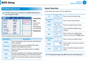 Page 9998Chapter 4. 
Settings and Upgrade
The BIOS Setup Screen
The BIOS Setup menus and items may differ depending on 
your computer model.
Setup MenuSetup Items
Help
Help for the 
selected 
item appears 
automatically.
Setup MenuDescription
SysInfoThis is a description about the basic specifications 
of the computer.
AdvancedUsing this menu, you can configure the major 
chipsets and additional functions.
SecurityUsed to configure security functions, including 
passwords.
BootThis menu enables you to configure...