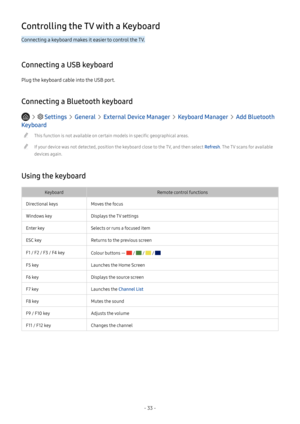 Page 39- 33 -
Controlling the TV with a Keyboard
Connecting a keyboard makes it easier to control the TV.
Connecting a USB keyboard
Plug the keyboard cable into the USB port.
Connecting a Bluetooth keyboard
   Settings  General  External Device Manager  Keyboard Manager  Add Bluetooth 
Keyboard
 "This function is not available on certain models in specific geographical areas.
 "If your device was not detected, position the keyboard close to the TV, and then select Refresh. The TV scans for available...