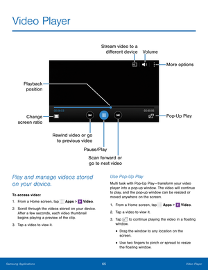 Page 71   
 
     
    
   
 
 
Video Player
 
Stream video to a  di�erent device  Volume 
More options 
Playback  position 
Change 
screen ratio  Pop-Up Play 
Rewind video or g o 
t

o previous video  Pause/Play Scan forward or 
go to next video
 
Play and manage videos stored 
on your device. 
To access video: 
1.  From a Home screen, tap  Apps >
 Video. 
2.	  Scroll through the videos stored on your device. 
After a few seconds, each video thumbnail 
begins playing a preview of the clip. 
3.  Tap a...