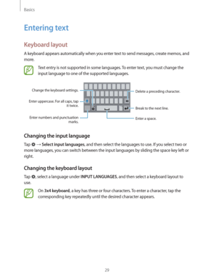 Page 29Basics
29
Entering text
Keyboard layout
A keyboard appears automatically when you enter text to send messages, create memos, and 
more.
Text entry is not supported in some languages. To enter text, you must change the 
input language to one of the supported languages.
Break to the next line. Delete a preceding character.
Enter numbers and punctuation 
marks. Enter uppercase. For all caps, tap 
it twice. Change the keyboard settings.
Enter a space.
Changing the input language
Tap   Select input...