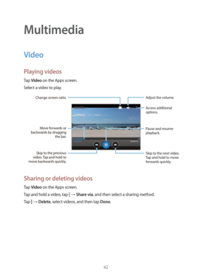 Page 6262
Multimedia
Video
Playing videos
Tap Video on the Apps screen.
Select a video to play.
Change screen ratio.
Move forwards or 
backwards by dragging 
the bar.
Skip to the previous 
video. Tap and hold to 
move backwards quickly.Skip to the next video. 
Tap and hold to move 
forwards quickly. Access additional 
options.
Pause and resume 
playback.Adjust the volume.
Sharing or deleting videos
Tap Video on the Apps screen.
Tap and hold a video, tap 
  Share via, and then select a sharing method.
Tap 
 ...