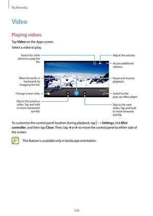 Page 104Multimedia
104
Video
Playing videos
Tap Video on the Apps screen.
Select a video to play.
Change screen ratio. Move forwards or 
backwards by 
dragging the bar.
Search for other 
devices to play the  file.
Skip to the previous  video. Tap and hold 
to move backwards  quickly. Skip to the next 
video. Tap and hold 
to move forwards 
quickly.Access additional 
options.
Switch to the 
pop-up video player. Pause and resume 
playback.
Adjust the volume.
To customise the control panel location during playback,...