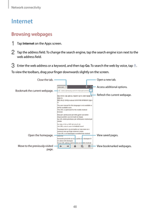 Page 48Network connectivity
48
Internet
Browsing webpages
1 Tap Internet on the Apps screen.
2 Tap the address field. To change the search engine, tap the search engine icon next to the 
web address field.
3 Enter the web address or a keyword, and then tap Go. To search the web by voice, tap .
To view the toolbars, drag your finger downwards slightly on the screen.
Close the tab.
Bookmark the current webpage.
Open the homepage.
Move to the previously-visited  page. View bookmarked webpages.Access additional...