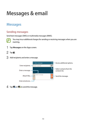 Page 7979
Messages & email
Messages
Sending messages
Send text messages (SMS) or multimedia messages (MMS).
You may incur additional charges for sending or receiving messages when you are 
roaming.
1 Tap Messages on the Apps screen.
2 Tap .
3 Add recipients and enter a message.
Access additional options.
Enter a message.
Select contacts from the 
contacts list.
Enter emoticons.
Enter recipients.
Attach files. Send the message.
4 Tap  or  to send the message.  