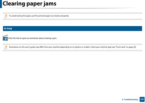 Page 1011014. Troubleshooting
Clearing paper jams
 
To avoid tearing the paper, pull the jammed paper out slowly and gently. 
 
4 
In tray
 Click this link to open an animation about clearing a jam.
 
Illustrations on this user’s guide may diff er from your machine depending on its options or models. Check your machine type (se e "Front view" on page 20).
  