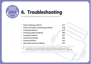 Page 2766. Troubleshooting
This chapter gives helpful information for what to do if you encounter an error.
• Paper feeding problems 277
• Power and cable connecting problems 278
• Printing problems 279
• Printing quality problems 283
• Copying problems 291
• Scanning problems 292
• Faxing problems 293
• Operating system problems 295
 
For errors that occur  during the wireless software installation and settings, refer to the 
troubleshotting section in the wireless setting chapter (see "Troubleshooting"...