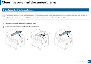 Page 100Clearing original document jams
1004. Troubleshooting
3 
Original paper jam in exit area of scanner
 
• Illustrations on this user’s guide may differ from your machine depending on its opti ons or models. Check your machine type (see "Front view" on page 20).
• This troubleshooting may not be available depending on  model or optional goods (see "Front view" on page 20).
 
1Remove any remaining pages from the document feeder.
2 Gently remove the jammed pape r from the document feeder. 