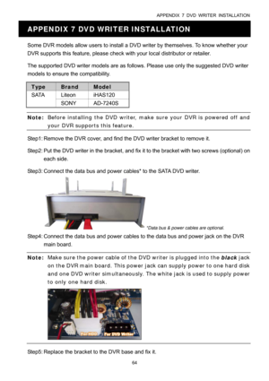 Page 69APPENDIX 7 DVD WRITER INSTALLATION 
64 
APPENDIX 7 DVD WRITER INSTALLATION 
Some DVR models allow users to install a DVD writer by themselves. To know whether your 
DVR supports this feature, please check with your local distributor or retailer. 
The supported DVD writer models are as follows. Please use only the suggested DVD writer 
models to ensure the compatibility. 
Type Brand Model 
SATA Liteon  iHAS120 
 SONY AD-7240S 
 
Note: Before installing the DVD writer, make sure your DVR is powered off and...