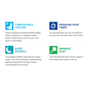 Page 11Helps to spread air evenly and dehumidify 
when necessary. An upwards blade  
helps to distribute cool air so you cool 
down comfortably.
‘Good Sleep II Mode’ may help you sleep 
better. Your Air Conditioner automatically 
adjusts temperature to help create a 
comfortable environment. You decide when your Air Conditioner 
turns on and off with ‘Real Time Timer’.
The ‘HD Filtration with Ioniser’ helps to 
minimalise dust levels in the air
.
COMFORTABLE 
COOLING
SLEEP  
S O U N D LY PROG R AM YOUR
 
TIMER...