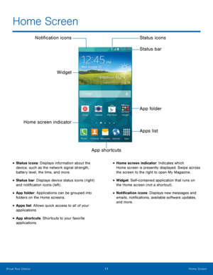 Page 1611Home Screen
Home Screen
Status icons
Notification icons
Home screen indicator Status bar
Widget
Apps list
App shortcuts
App folder
• Status icons: Displays information about the 
device, such as the network signal strength, 
battery level, the time, and more.
• Status bar: Displays device status icons (right) 
and notification icons (left) .
• App folder: Applications can be grouped into 
folders on the Home screens.
• Apps list: Allows quick access to all of your 
applications.
• App shortcuts:...