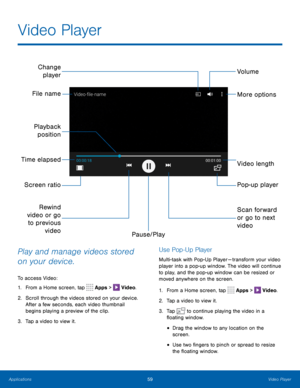 Page 6459Video Player
Video Player
File name
Change player
Pop-up player
Volume
More options
Rewind 
video or go  to previous  video Scan forward 
or go to next 
video
Pause/Play
Playback  position
Screen ratio
Video length
Time elapsed 
Play and manage videos stored 
on your device.
To access Video:
1.
 F

rom a Home screen, tap 
 Apps >  Video.
2.
 S

croll through the videos stored on your device. 
After a few seconds, each video thumbnail 
begins playing a preview of the clip.
3.
 
T

ap a video to view...