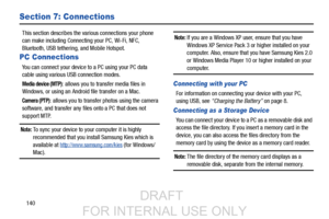 Page 148140
Section 7: Connections
This section describes the various connections your phone 
can make including Connecting your PC, Wi-Fi, NFC, 
Bluetooth, USB tetherin g, and Mobile Hotspot.
PC Connections
You can connect your device to  a PC using your PC data 
cable using various USB connection modes. 
Media device (MTP): allows you to transfer media files in 
Windows, or using an Android file transfer on a Mac.
Camera (PTP): allows you to transfer photos using the camera 
software, and transfer any file s...