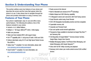 Page 2214
Section 2: Understanding Your Phone
This section outlines some key features of your phone and 
describes the screen and the icons that appear when the 
phone is in use. It also shows how to navigate through the 
phone and provides information on using a memory card.
Features of Your Phone
Your phone is lightweight, easy-to-use and offers many 
useful features. The following list outlines a few of the 
features included in your phone.
Android v 4.4.2, KitKat Platform
Brilliant 5.1” HD Super AMOLED®...
