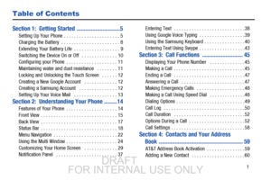 Page 9       1
Table of Contents
Section 1:  Getting Started ..............................5
Setting Up Your Phone . . . . . . . . . . . . . . . . . . . . . . 5
Charging the Battery  . . . . . . . . . . . . . . . . . . . . . . . 8
Extending Your Battery Life  . . . . . . . . . . . . . . . . . . 9
Switching the Device On or Off   . . . . . . . . . . . . . . 10
Configuring your Phone  . . . . . . . . . . . . . . . . . . . . 11
Maintaining water and dust resistance   . . . . . . . . 11
Locking and Unlocking the...