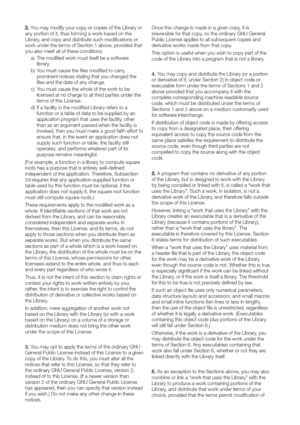 Page 1142. Y
any portion of it, thus forming a work based on the
Library
work under the terms of Section 1 above, pr
you also meet all of these conditions:
a\)  The modified work must itself be a softwar
library
b\)  Y
pr
files and the date of any change.
c\)  Y
licensed at no charge to all thir
terms of this License.
d\)  If a facility in the modified Library r
function or a table of data to be supplied by an
application pr
than as an argument passed when the facility is
invoked, then you must make a good faith...