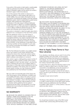 Page 116If any portion of this section is held invalid or unenfor
under any particular cir
section is intended to apply
intended to apply in other cir
It is not the purpose of this section to induce you to
infringe any patents or other pr
contest validity of any such claims; this section has the
sole purpose of pr
distribution system which is implemented by public license
practices. Many people have made gener
contributions to the wide range of softwar
thr
of that system; it is up to the author/donor to decide...