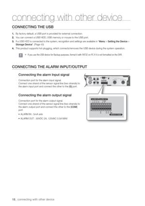 Page 1818_ connecting with other device
connecting with other device
CONNECTING THE USB
1. By factory default, a USB port is pr
2. Y
3. If a USB HDD is connected to the system, rMenu > Setting the Device > 
Storage Device