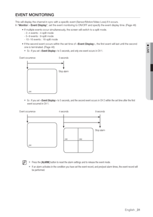 Page 31English _31
 LIVE
EVENT MONITORING
This will display the channel in sync with a specific event \(Sensor/Motion/Video Loss\) if it occurs.
In 