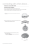 Page 1616_ connecting with other device
connecting with other device
Installing the camera \(SED-1001R\)
Pr
Ensur
  
Select an installation site \(ceiling or wall\) that can endur
  
Stuck-in or peeled-of
1. Hold down the bottom lock lever while r
other hand.
2. Pr
the bracket counter clockwise to r
3. Use the pr
position \(ceiling or wall\).
  Ensure that the  label on the bracket faces the
direction for camera monitoring.
Wiring Cover
 