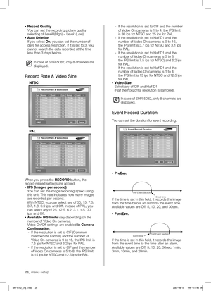 Page 3228_ menu setup
 Record Quality
You can set the recording picture quality 
selecting of Level8(High) ~ Level1(Low).
  Auto Deletion
If you select On, you can set the number of 
days for access restriction. If it is set to 3, you 
cannot search the data recorded at the time 
less than 3 days before.
In case of SHR-5082, only 8 channels are 
displayed.
Record Rate & Video Size
When you press the RECORD button, the 
record-related settings are applied.
 IPS (Images per second)
You can set the image...