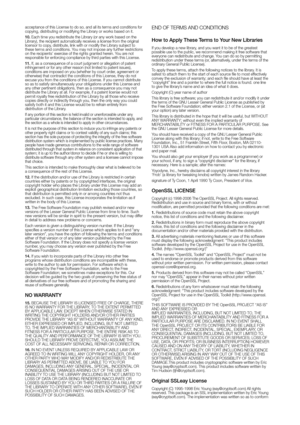 Page 136acceptance of this License to do so, and all its terms and conditions fo\
r 
copying, distributing or modifying the Library or works based on it.
10. Each time you redistribute the Library (or any work based on the 
Library), the recipient automatically receives a license from the original 
licensor to copy, distribute, link with or modify the Library subject to 
these terms and conditions. You may not impose any further restrictions 
on the recipients’ exercise of the rights granted herein. You are not...