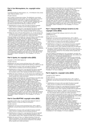 Page 142Part 4: Sun Microsystems, Inc. copyright notice 
(bSd)
Copyright © 2003 Sun Microsystems, Inc., 4150 Network Circle, Santa 
Clara, California 95054, U.S.A.
All rights reserved.
Use is subject to license terms below. This distribution may include 
materials developed by third parties. Sun, Sun Microsystems, the Sun 
logo and Solaris are trademarks or registered trademarks of Sun 
Microsystems, Inc. in the U.S. and other countries. Redistribution and 
use in source and binary forms, with or without...