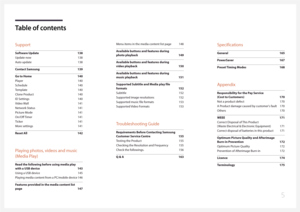 Page 5Table of contents
Support
Software Update 138
Update now 138
A uto  update 138
Contact S amsung 139
Go to  Home 140
Player 140
Schedule 140
Template 140
Clone P roduct 140
ID Settings 140
Video  Wall 141
Network S tatus 141
Picture M ode 141
On/Off Timer 141
Ticker 141
M ore  settings 141
Reset A ll 142
Playing photos, videos and music 
(Media Play)
Read the following before using media play  
with a USB device 143
Using a USB device 145
Playing media content from a PC/mobile device 146
Features provided...