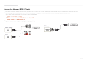 Page 4343
Connection Using an HDMI-DVI Cable
 ―Audio will not be enabled if the product is connected to a video device using an HDMI-DVI cable. To resolve this, additionally connect an audio cable to the audio ports on the product and video device.
 ―After connecting a video device to the product with an HDMI-DVI cable, make sure to configure the settings as shown below to enable the video and audio from the video device.
You can use the DVI port on the product as an HDMI port by using a DVI-HDMI adapter.
 ―...